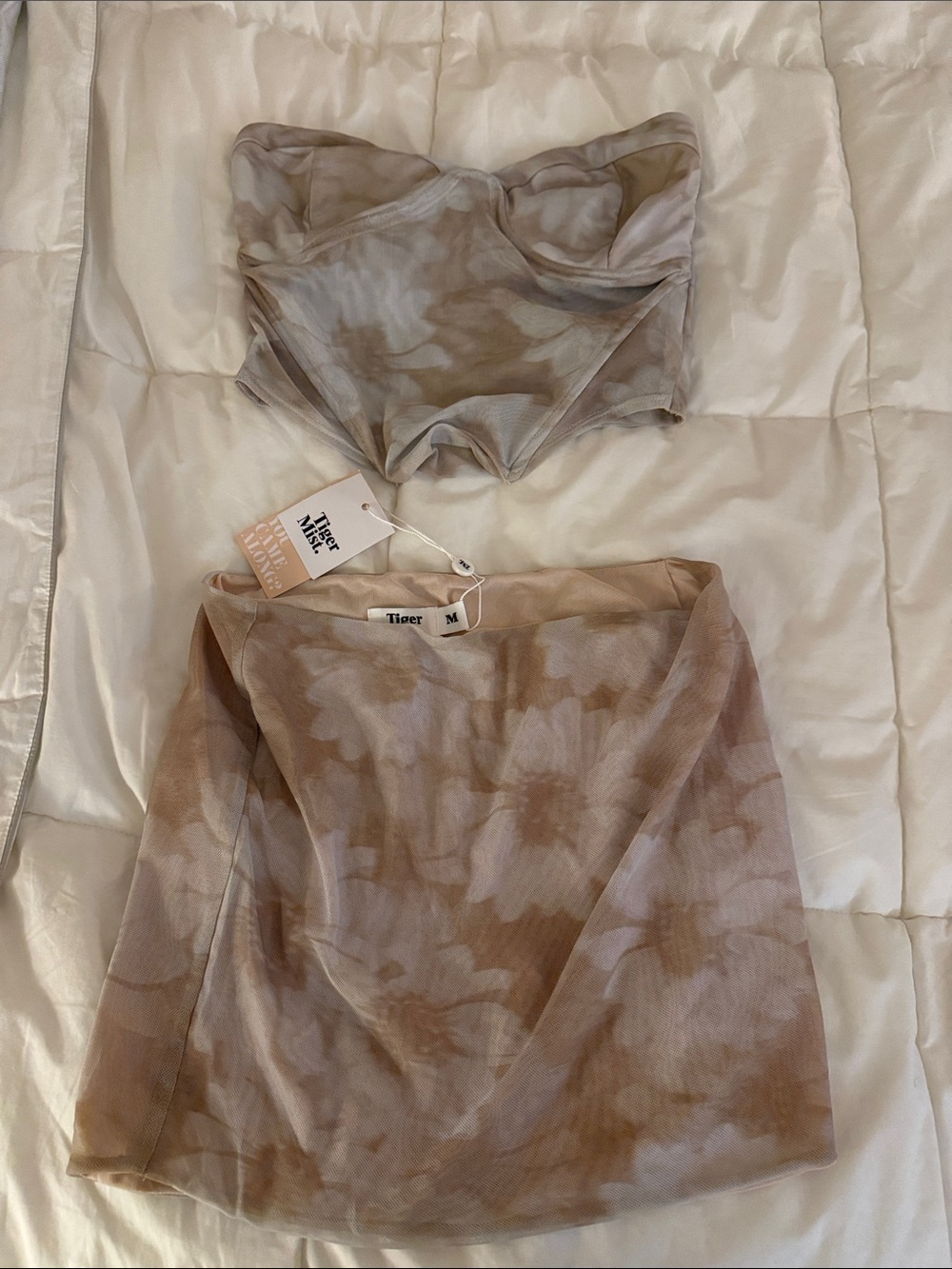 Tiger Mist Beige and Cream Floral Mesh Top and Bandeau Set